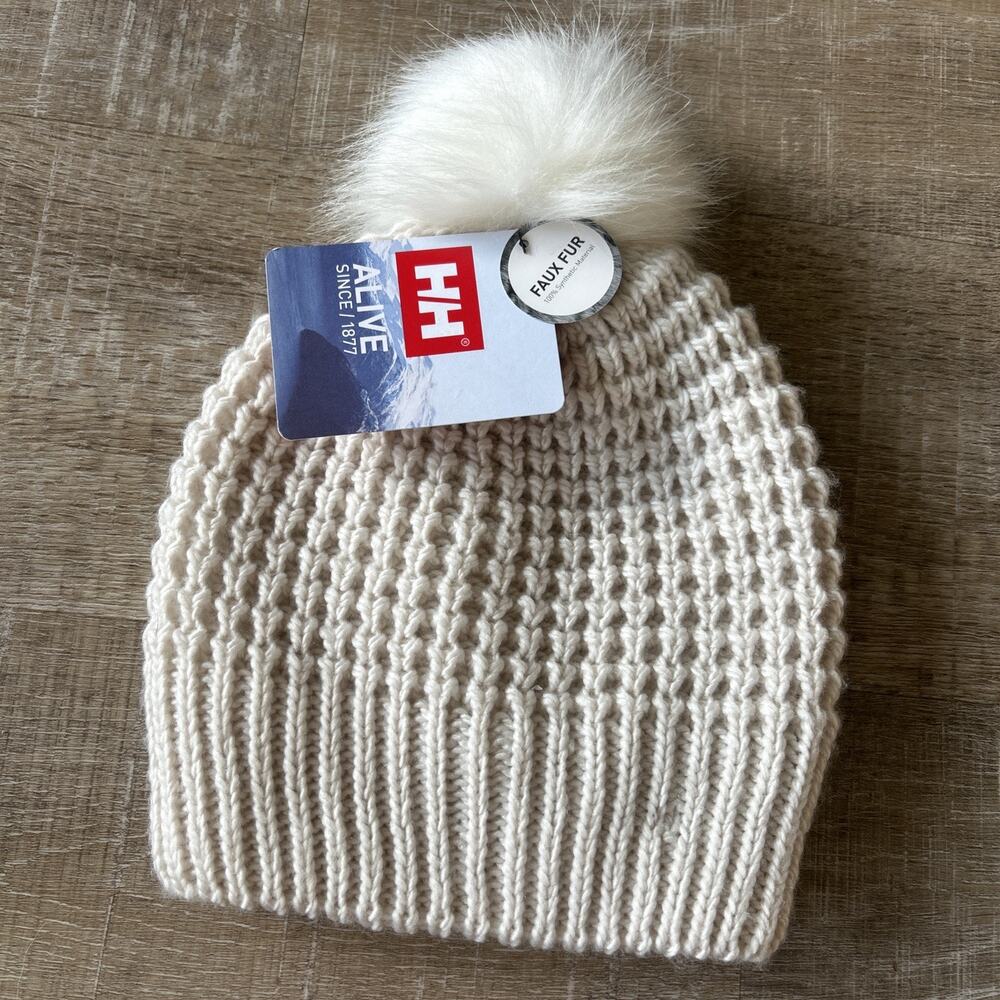 Helly Hansen Womens Snowfall Beanie Off White Faux Fur Pom Fleece Lined NWT